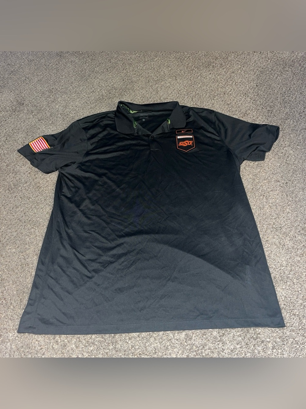 Nike Oklahoma State Cowboys Dri-FIT Polo Shirt Mens Large Gray US Flag Patch